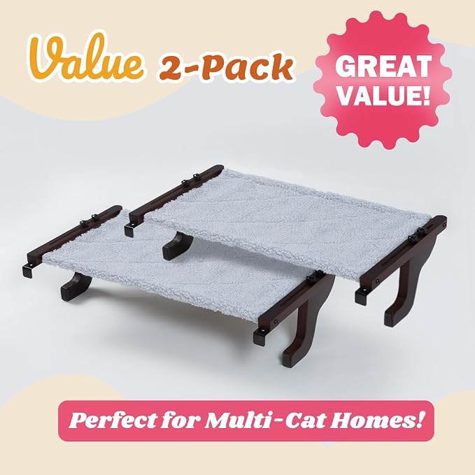 Zakkart 2PC Easy Seat Cat Perch for Window Sill - Hammock Design w/Pine Wood & Robust Metal Frame - Cat Window Seat for Large Cats and Kittens (Dark Stained Wood w/Gray Bed, Large (26''W x 14''D) - Image 2