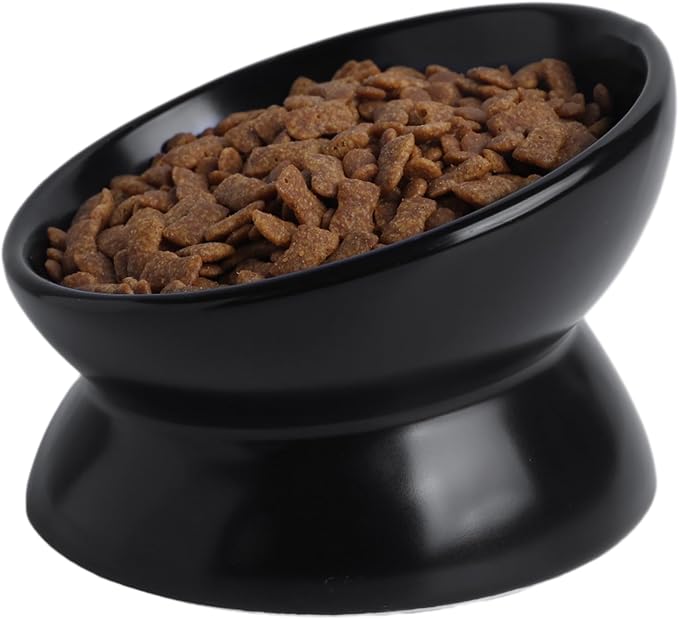 Elevated Ceramic Cat Bowl, 15° Tilted Raised Food & Water Dishes, Anti-Vomiting & Neck Protection Pet Feeder for Kittens, Small Dogs (5.2", Black, 1pc Set) by KITCHENLESTARaddsmorebeautifulcolourstoyourlife