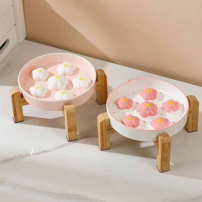 Elevated Ceramic Slow Feeder Cat Bowl with Anti-Slip Bamboo Stand | 6.3" Wide Whisker Friendly, Slow Eating 3x, Dry & Wet Food, Cute Flower-Shaped Maze, Microwave & Dishwasher Safe, White - Image 6