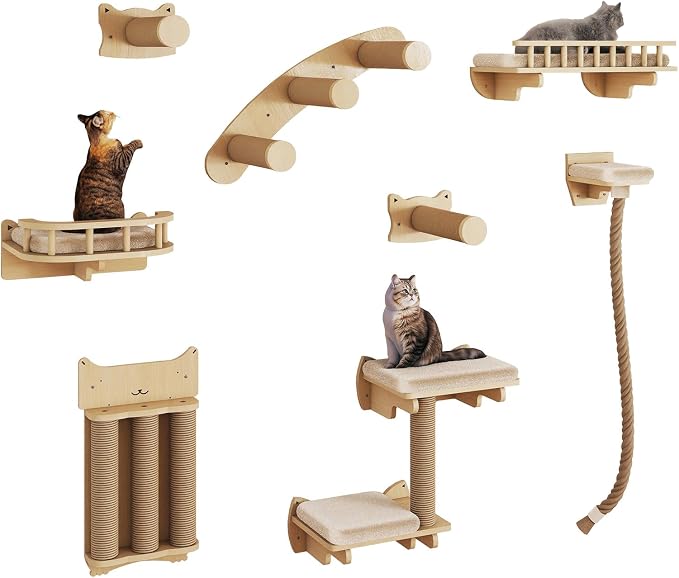 BYBYME 8 Pcs Cat Wall Climbing Set, Wood Cat Furniture with Scratching Posts, Kitten Perch, 100CM Sisal Rope & Cat Bed, Wall Mounted Cat Shelves for Sleeping, Playing & Relaxing（Natural Wood） - Image 8
