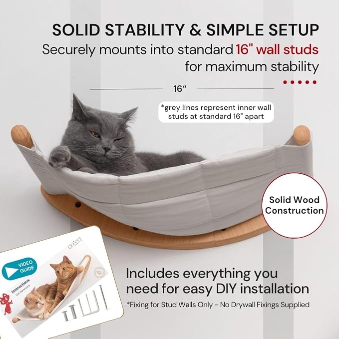 Cat Wall Hammock for Large Cats, Cat Wall Bed | A space-saving wall mounted cat bed with a washable, replaceable cushion that holds big cats up to 35 lbs - Image 6