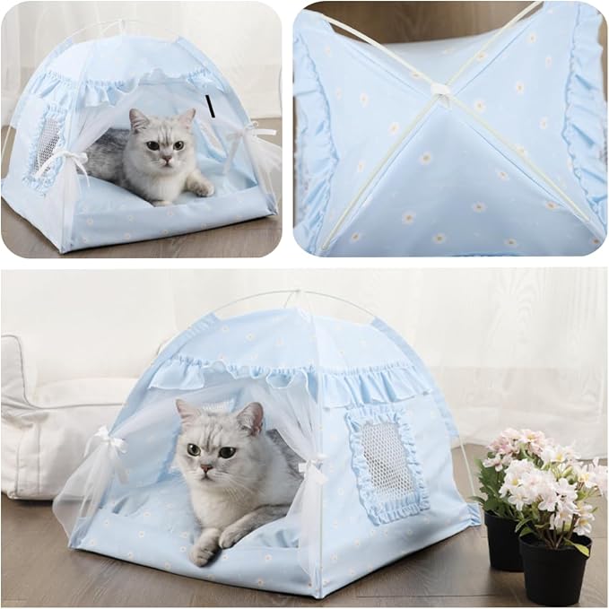 Selena Cat Bed Tents Dog House Indoor Outdoor Lace Mesh Breathable Windows Door Curtains Removable Portable Nest Teepe House (Medium,Blue) - Image 4