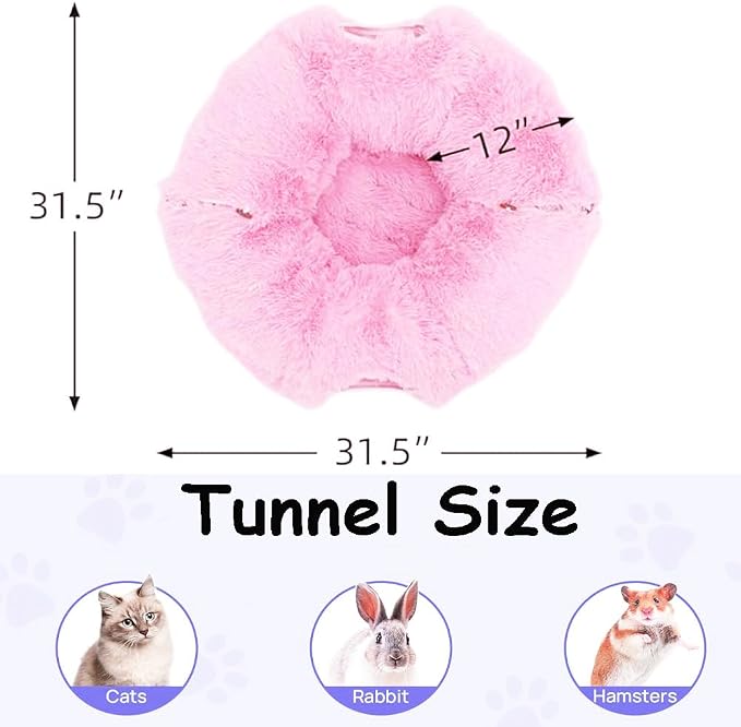 Cat Bed Tunnel Tube Toy Pink Plush | Collapsible Round Tunnels for Indoor Cats, Interactive Toys Play Tubes with Hanging Ball for Kitten, Puppy, Rabbit - Image 2