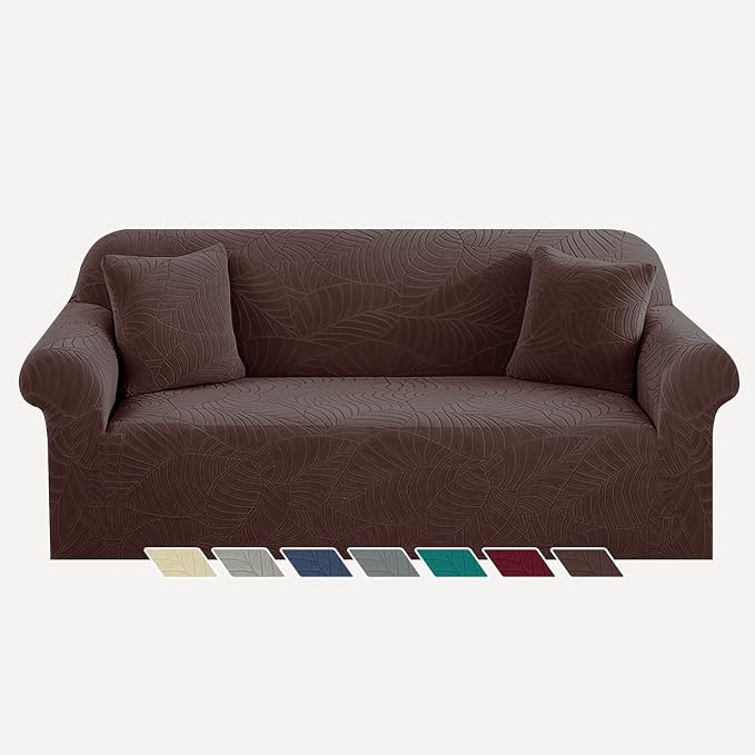 YEMYHOM Couch Cover Latest Jacquard Design High Stretch Sofa Covers for 3 Cushion Couch, Pet Dog Cat Proof Slipcover Non Slip Magic Elastic Furniture Protector (Large, Begonia Leaf Coffee) by YEMYHOM