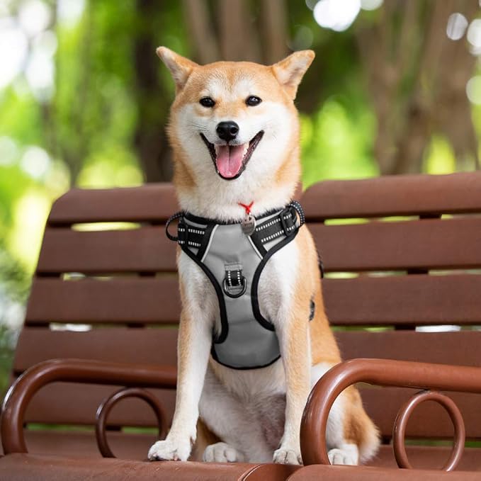 PoyPet No Pull Dog Harness Medium, Reflective Vest with Front Clip & Handle | Easy On/Off, No Choke, Adjustable, 2 Leash D-rings, Soft Padded, Breathable, Oxford, for Walking Training, M, Gray - Image 6