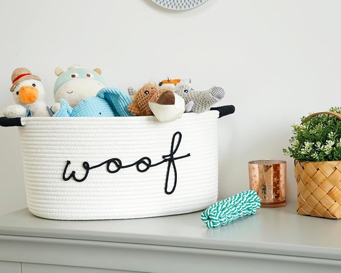 Woof Dog Toy Basket Woven Pet Baskets Storage Bin Box with Durable Handles, Pet Supplies Puppy Bins Perfect for Organizing Dog Toys Blankets and Accessories - Image 2