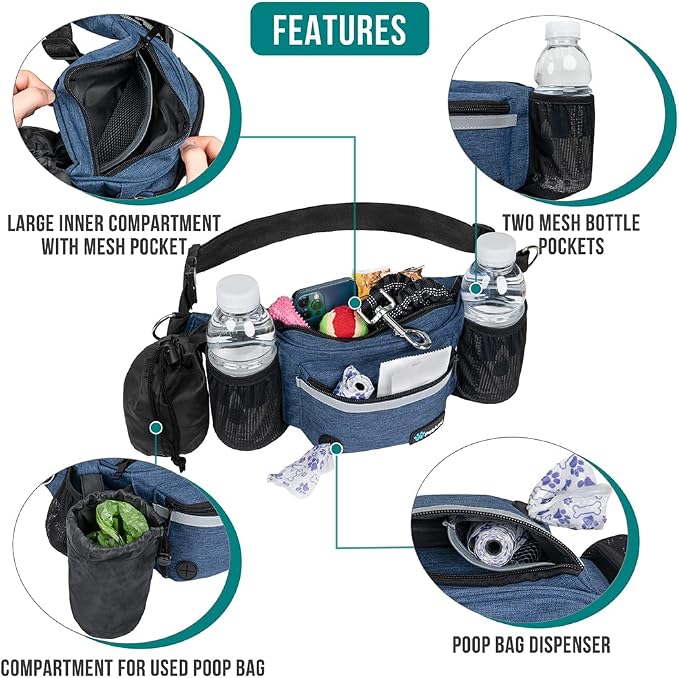 PetAmi Dog Fanny Pack, Treat Pouch for Dog Walking Training, Navy Blue | Built in Poop Bag Dispenser, Water Bottle Holder, Collapsible Bowl, Pet Treat Waist Belt for Hiking Running Kibbles - Image 3