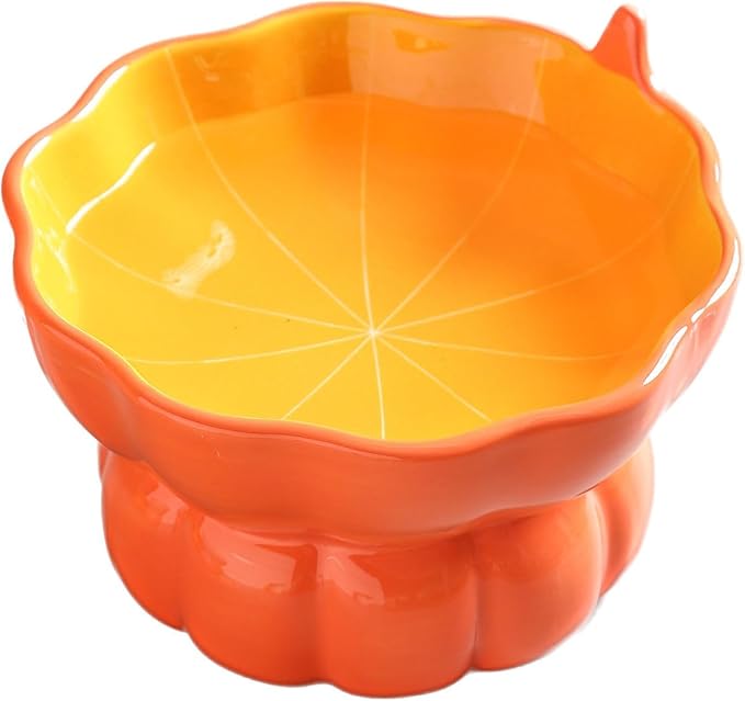 Cute Pumpkin Shaped Raised Ceramic Cat Water Bowl, 9 oz | Whisker Friendly, Anti Vomiting, Elevated Design, Indoor Cats by Yeexoxow