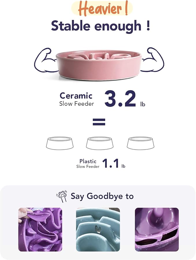 LE TAUCI Ceramic Slow Feed Dog Bowls, Elevated for Small and Medium Breed Dogs, Anti-Gulping Pet Feeding Dishes, Flower Pink, 1.5 Cups - Image 3