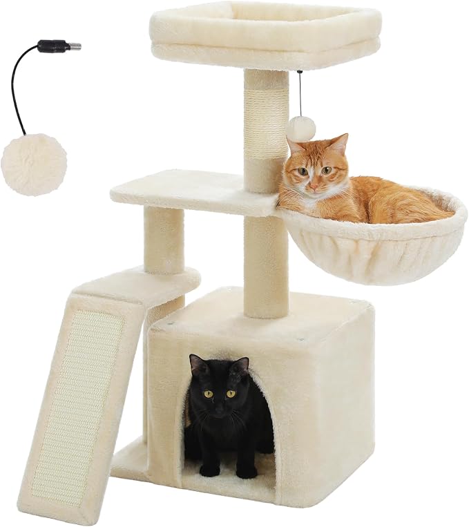 PETEPELA Cactus Cat Tree for Kittens & Small Cats, 32in Cat Tower, Beige | Compact 4-in-1: sisal ramp, cozy hammock, condo & washable top bed; for kittens & small indoor cats by PETEPELA