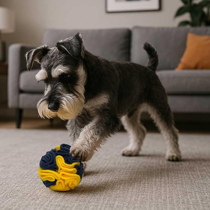 Glory To Dog Puppy/Small Breed Snuffle Ball Toy Bright Yellow & Royal Blue | Interactive fleece snuffleball hides treats at variable depths. Puzzle engages smell & foraging instinct Machine washable 4" - Image 2