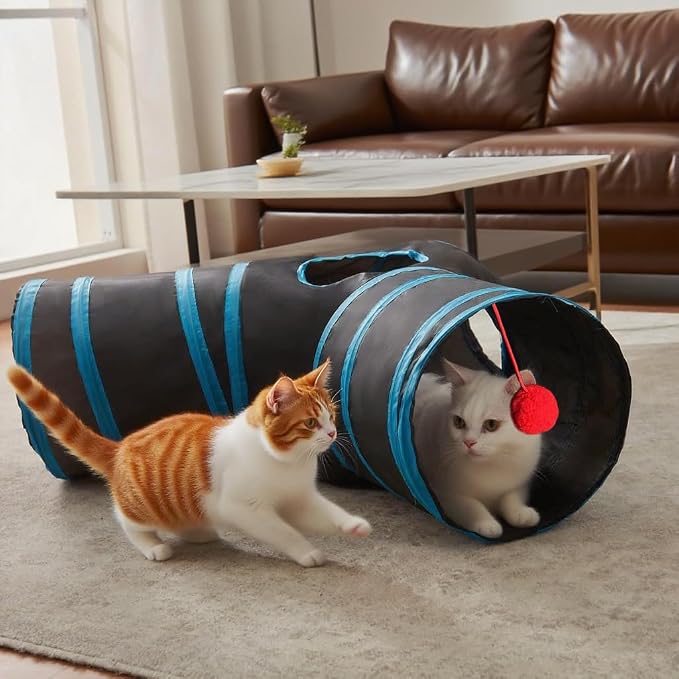 3-Way Collapsible Cat Tunnel Tube Toy Black Blue | Interactive Tunnel with Hanging Ball & Peek Hole for Indoor Cats, Kittens, Puppies, Rabbits | Hours of Fun & Exercise - Image 3