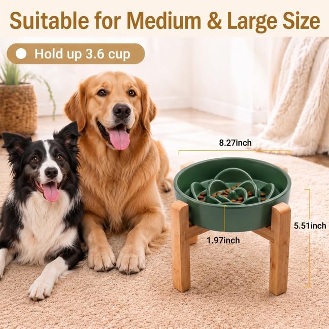 Elevated Ceramic Slow Feeder Dog Bowls Anti-Choking Slow Feeding for Medium& Large Anti-Slip Non-Lead & Toxic Durable Easy to Clean Maze Slow Feeder Bowl（8.66in Olive Green Flower Pattern） - Image 3
