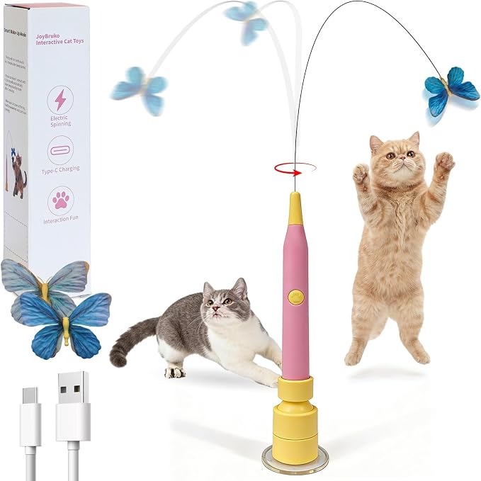 Interactive Cat Toys for Indoor Cats Automatic Cat Wand Toy | Enrichment for Bored Indoor Kitten, Spin Butterfly with Self-Holding Suction Base, Rechargeable Stimulating Moving Feather by JoyBruko