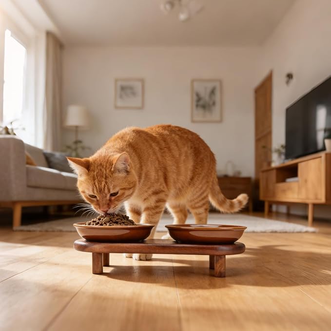 SPUNKYJUNKY Shallow Elevated Cat Bowl with Acacia Wood Stand Wide Raised Ceramic Cat Dishes Whisker Friendly Pet Food and Water Plates (Striped Pattern, Brown) - Image 6