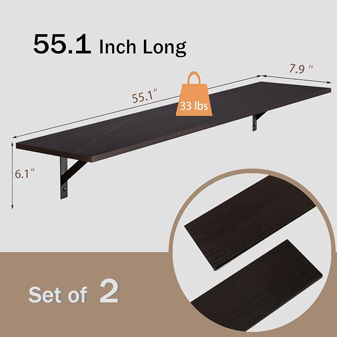 Long Wall Shelves, 55.1Inch Wooden Floating Shelves with Brackets | Extra Large Book Shelf for Wall Set of 2, Wall Mount Storage Ledges Easy Assembly, Max Load 33lbs, Bathroom/Bedroom, Espresso - Image 3