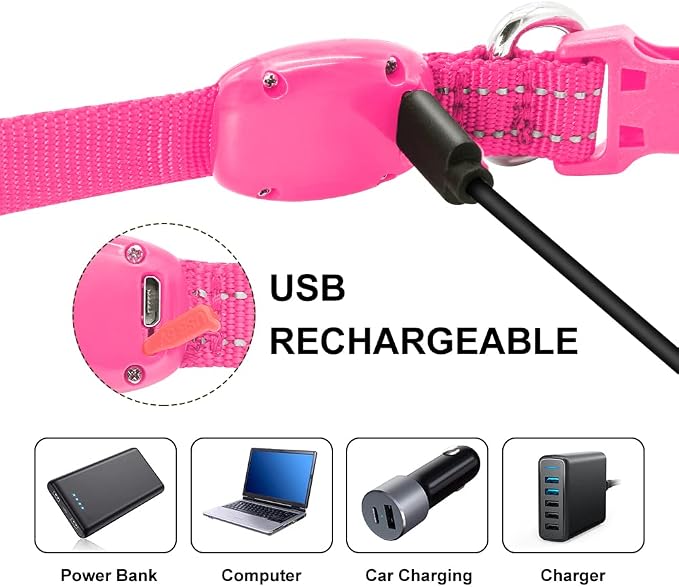 Light Up Dog Collar for Small Dogs - LED Dog Collar Rechargeable Adjustable Puppy Collars, Glow in The Dark Dog Lights for Night Walking & Camping (X-Small, Pink) - Image 3