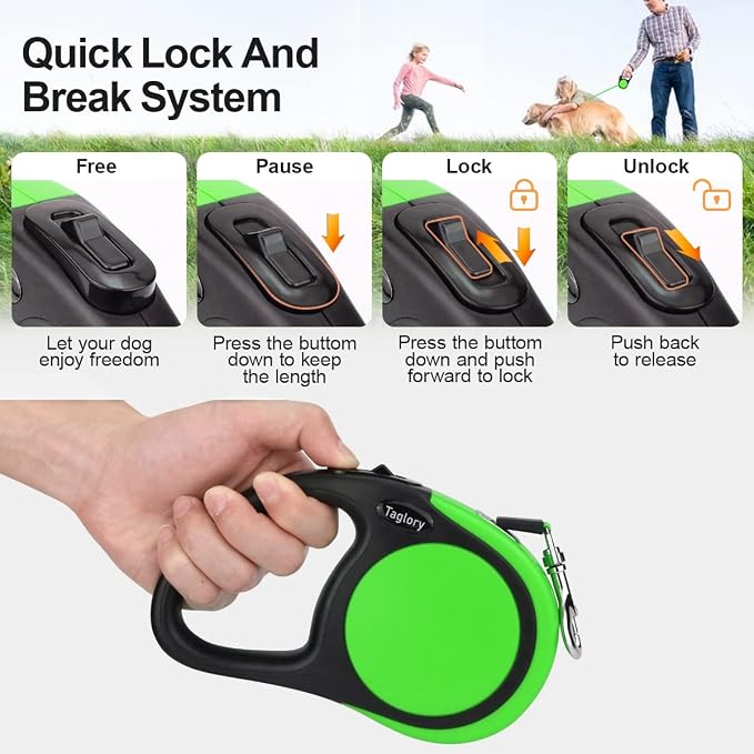 Taglory Retractable Dog Leash, One-Handed Brake, 16ft, Up to 44 lbs, Green | More Freedom While Staying in Control, Smooth Retraction, Tangle-Free Design, Easy-Grip Handle, Daily Neighborhood Walks - Image 3
