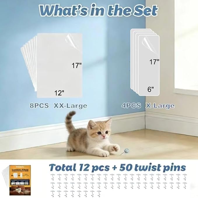 Cat Scratching Furniture Protector 12pk Clear 0.15mm Sheets +50 Pins | 12pk (8×17"×12"+4×17"×6") + 50 Pins; 0.15mm Ultra Thin Clear; No Residue & MSDS Safe;Ideal for Couch/Sofa/Arm/Chair - Image 5