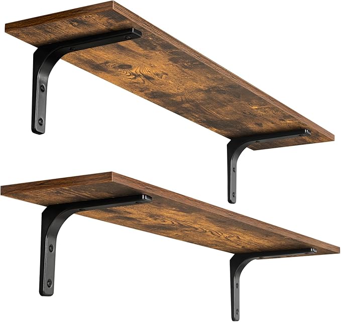 Long Wall Shelves, 31.5Inch Wooden Wall Mounted Shelves, Set of 2 | Floating Book Shelf, Metal Bracket Easy Assembly, Max Load 22lbs, Wall Storage Ledges, Bedroom/Bathroom/Kitchen, Rustic Brown - Image 4