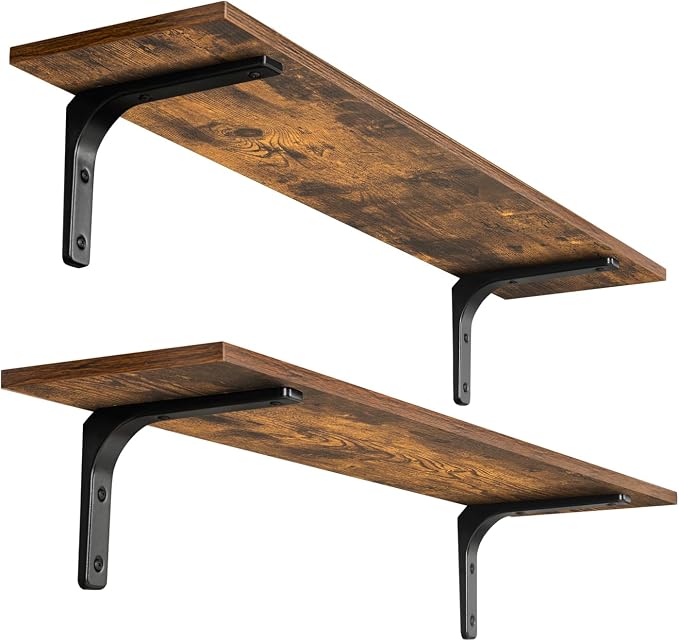 Long Wall Shelves, 31.5Inch Wooden Wall Mounted Shelves, Set of 2 | Floating Book Shelf, Metal Bracket Easy Assembly, Max Load 22lbs, Wall Storage Ledges, Bedroom/Bathroom/Kitchen, Rustic Brown by DINZILVJ