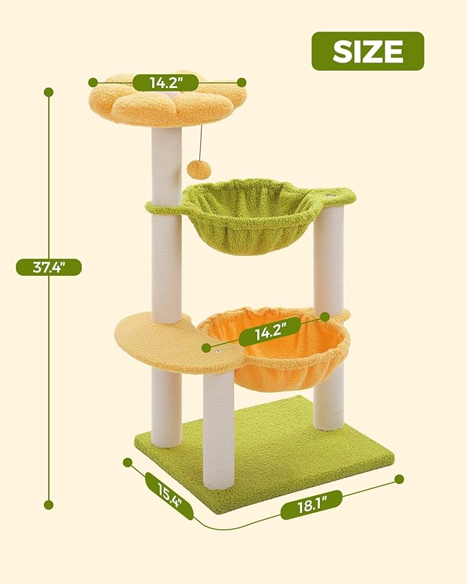 37.4" Flower Cat Tree with 2 Hammocks & 6 Sisal Posts, Yellow | Flower top perch, 2 spacious hammocks, 6 sisal posts, Cute small tower, For indoor kittens, Sturdy build - Image 7