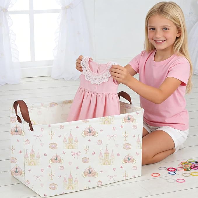 Rectangular Pink girl princess basket,Pink Baskets,Collapsible waterproof storage basket,Books Box,Girl room Decor,Gift Baskets(Pink Princess) - Image 4