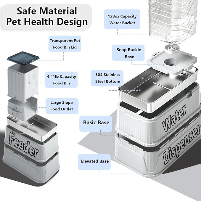 Elevated Automatic Pet Feeder & Water Dispenser, 128 Fl Oz/1 Gallon Water & 4.4lb Food Capacity, Stainless Steel Bowl, 2-Level Height Adjustable, Neck Protection for Small/Medium Dogs,Anti-Choking - Image 5