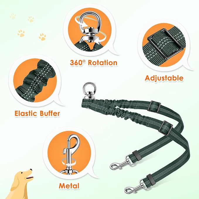 AUTOWT Double Dog Leash, No Tangle 360°Swivel Rotation Reflective Lead Attachment Adjustable Length Dual Two Dogs Lead Splitter, Comfortable Shock Absorbing Walking Training for 2 Dogs - Image 3