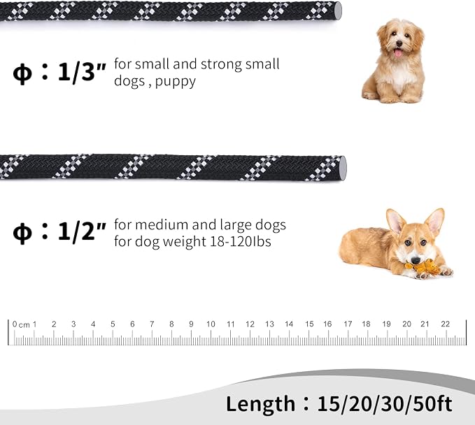 Long Dog Leash for Training 50Ft-Reflective Nylon Rope with Swivel Hook-Recall Agility Lead for Large Small Medium Dogs Outside Walking Hiking-Black Diam 1/2" - Image 4
