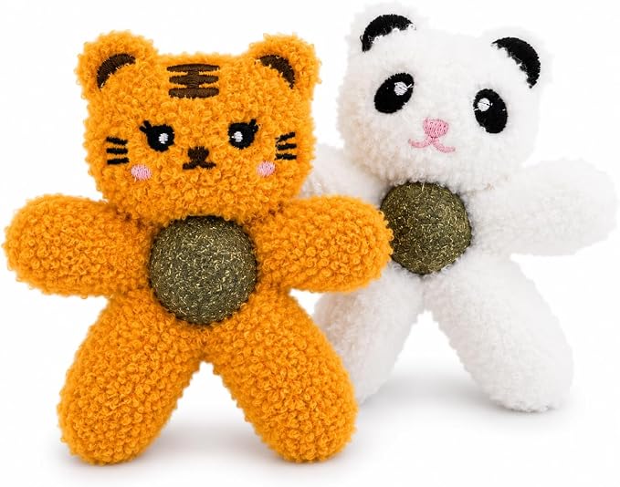 Cat Toys with Catnip Kitten Chew Bite Supplies Boredom Relief Fluffy Kitty Teeth Cleaning Chewing Cat Lovers Interactive Plush Gift (Tiger&Panda) by Gavpepy