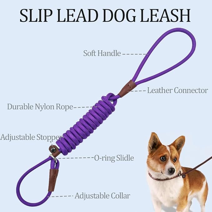MayPaw Slip Lead Control Leash for Dogs No Pull, 13+ Colors Classic Dog Lead 7FT Pet Slip Leash, 1/4” Rope Leashes for Small Medium Animals Purple - Image 2