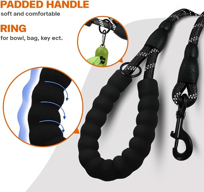 Taglory Rope Dog Leash for Small Medium Dogs, 6 FT Padded Handle, Black | Made of Climbing Rope, Reflective for Night Walks and Training, Comfortable Grip, Anti-tangle Swivel Clip, 3/8 inch - Image 4