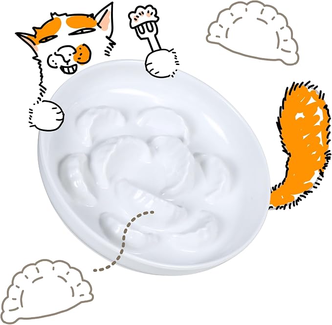 Melamine Cat Slow Feeder Bowl for Dry & Wet Food - Unbreakable Cat Food Plates for Slow Eating - Cute Puzzle Feeder - Whisker Friendly & Dishwasher Safe & Non SlipDesign - （White, 6.3" W*1.7H） by FullCharm