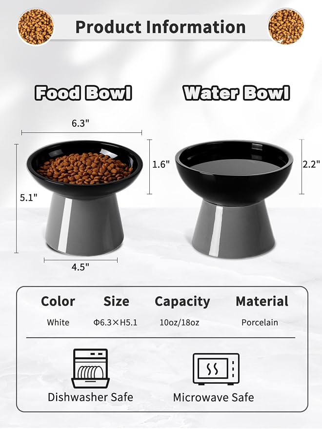LoeJan Elevated Cat Food and Water Bowls Set, Extra Wide and Raised Ceramic Feeder, Anti-Vomit Whisker-Free Pressure Feeding Bowl for Kittens Adult Small Dogs (Black) - Image 2