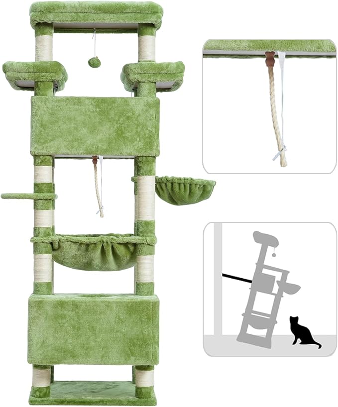 Cat Tree, 74" Tower for Large Cats, Big Condo Hammock CCT030GR | Heavy duty, 3 Big Platforms, 2 Baskets, 2 Condos, Multi-Level Scratching Posts, Indoor Cats Large Adult 20 lbs+, Green - Image 8