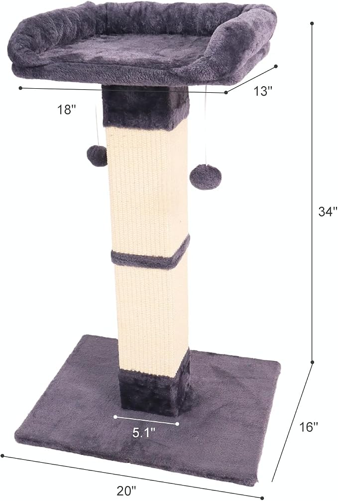 34" Cat Scratching Post for Indoor Cats, Sisal Cat Scratcher with Large Plush Perch, Vertical Posts with Elevated Bed and with Two Dangling Balls, Removable & Washable Cover, Dark Grey - Image 2