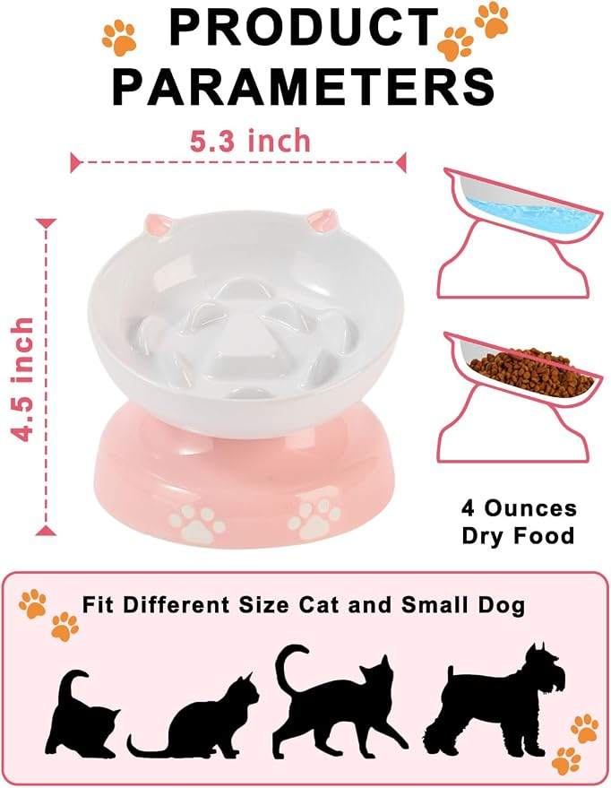 Y YHY Ceramic Slow Feeder Cat Bowl, Elevated Cat Bowl Tilted Design Slow Feeder for Dog and Cat for Dry and Wet Food, Pink - Image 3
