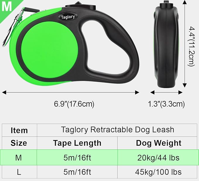 Taglory Retractable Dog Leash, One-Handed Brake, 16ft, Up to 44 lbs, Green | More Freedom While Staying in Control, Smooth Retraction, Tangle-Free Design, Easy-Grip Handle, Daily Neighborhood Walks - Image 4