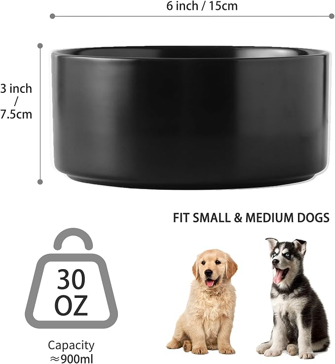 Ceramic Set of 2 Dog Bowls - Classic Dogs Food & Water Bowl for Small and Medium Breed, Heavy-Duty Non-Slip Dog Dishes, Food Grade Pet Bowl, Dishwasher & Microwave Safe (6'', 2*30OZ, Black) - Image 3