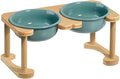 Ceramic Elevated Dog Bowls, Raised Pet Food and Water Bowl Set, Dark Green | Feed Tray For Small and Medium Breeds, 6.9" Wide Double Modern Porcelain Bowls, 6.3" High Wooden Stand, Non-Slip, 28Oz/800ML by Wordcam