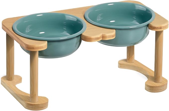 Ceramic Elevated Dog Bowls, Raised Pet Food and Water Bowl Set, Dark Green | Feed Tray For Small and Medium Breeds, 6.9" Wide Double Modern Porcelain Bowls, 6.3" High Wooden Stand, Non-Slip, 28Oz/800ML by Wordcam