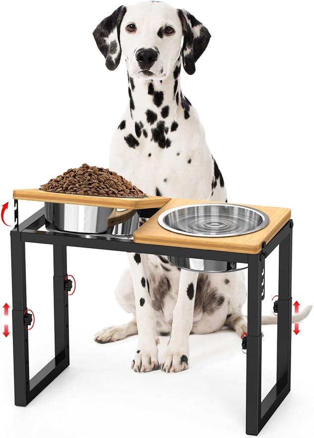 Dog Bowls Elevated, 4 Height (9.6" to15) & Angle (0-20°) Adjustable Raised Dog Bowl Stand, Elevated Dogs Bowl for Medium to Large Sized, Bamboo Feeding Station with 2X 10cups Stainless Steel Dishes by LIDTOP