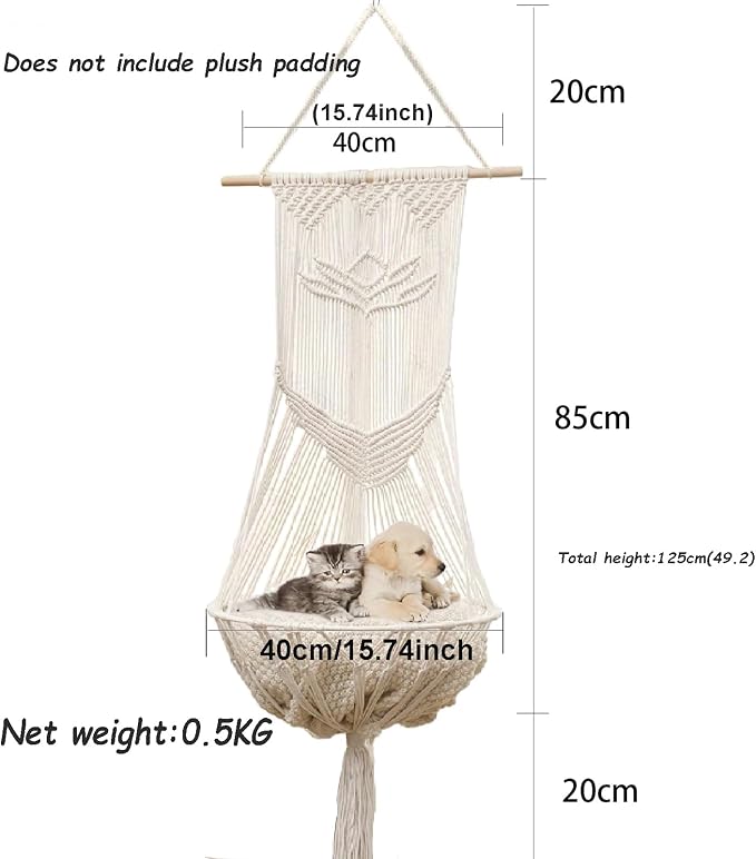 Macrame Cat Hammock-Boho Cat Bed Cotton Wall Hanging for Window Indoor Outdoor Home Decor, Macrame Cat Bed Hanging for Sleeping, Playing, Climbing and Lounging 49.2" Lx15.74 W - Image 2