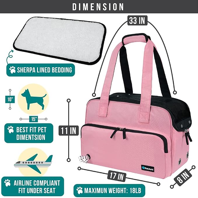 PetAmi Small Dog Purse Carrier, Soft-Sided Pet Carrier Bag with Pockets, Portable Puppy Cat Travel Handbag Tote, Airline Approved Breathable Mesh, Poop Bag Dispenser, Max 18 lbs, Pink - Image 2