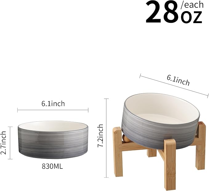 Elevated/Raised 15°Tilted Anti Slip Ceramic Dog Bowl for Small/Medium Breeds,Slanted Bulldog Big Face Pet Food Water Feeding Dish with Stand for Cats and Dogs (3.6 Cups/28 OZ) Grey White - Image 3