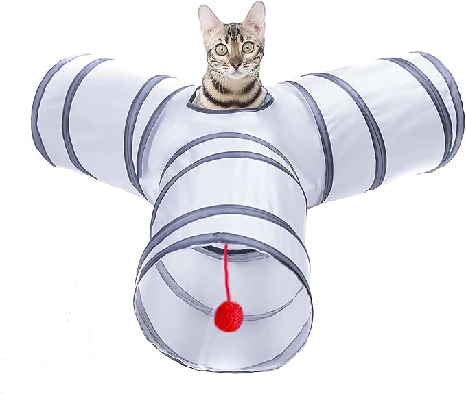 Cat Tunnel, Collapsible Tube with 1 Play Ball Toys, 3 Ways Tunnels for Indoor Cats, Puppy, Kitty, Kitten, Rabbit (White and Gray) by Unknown
