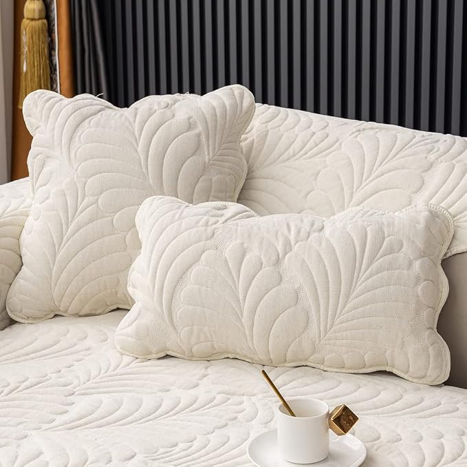 Set of 2 Palm Leaves Decorative Square Throw Pillow Covers Soft Chenille Plush Quilted Cushion Covers for Couch Sofa Bed (Beige White,18"x18") by WelcometoXSlive