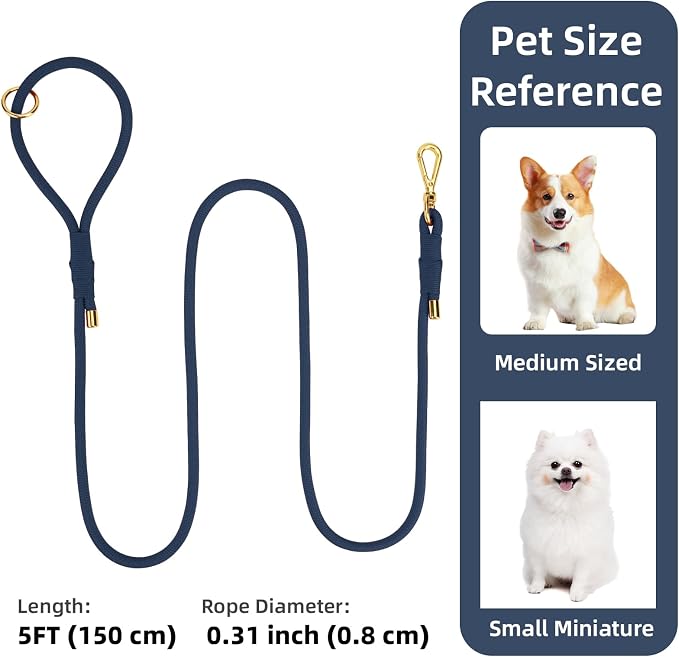 5FT Dog Leash 5/16 inch Puppy Cat Rope Lead | Prussian Blue, with Anti-tangle Swivel Clip, Comfortable Non-slip Grip Handle, Ideal for Daily Walks, for Small Medium Dogs - Image 2