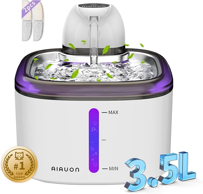 Cat Water Fountain Cordless 118oz/3.5L Wireless & Battery Operated Pet Water Fountain for Indoor Cats, Stainless Steel Tray with Sensor & Timer Modes, Ultra-Quiet, BPA-Free (Cat Fountain+2Filters) by AIAUON